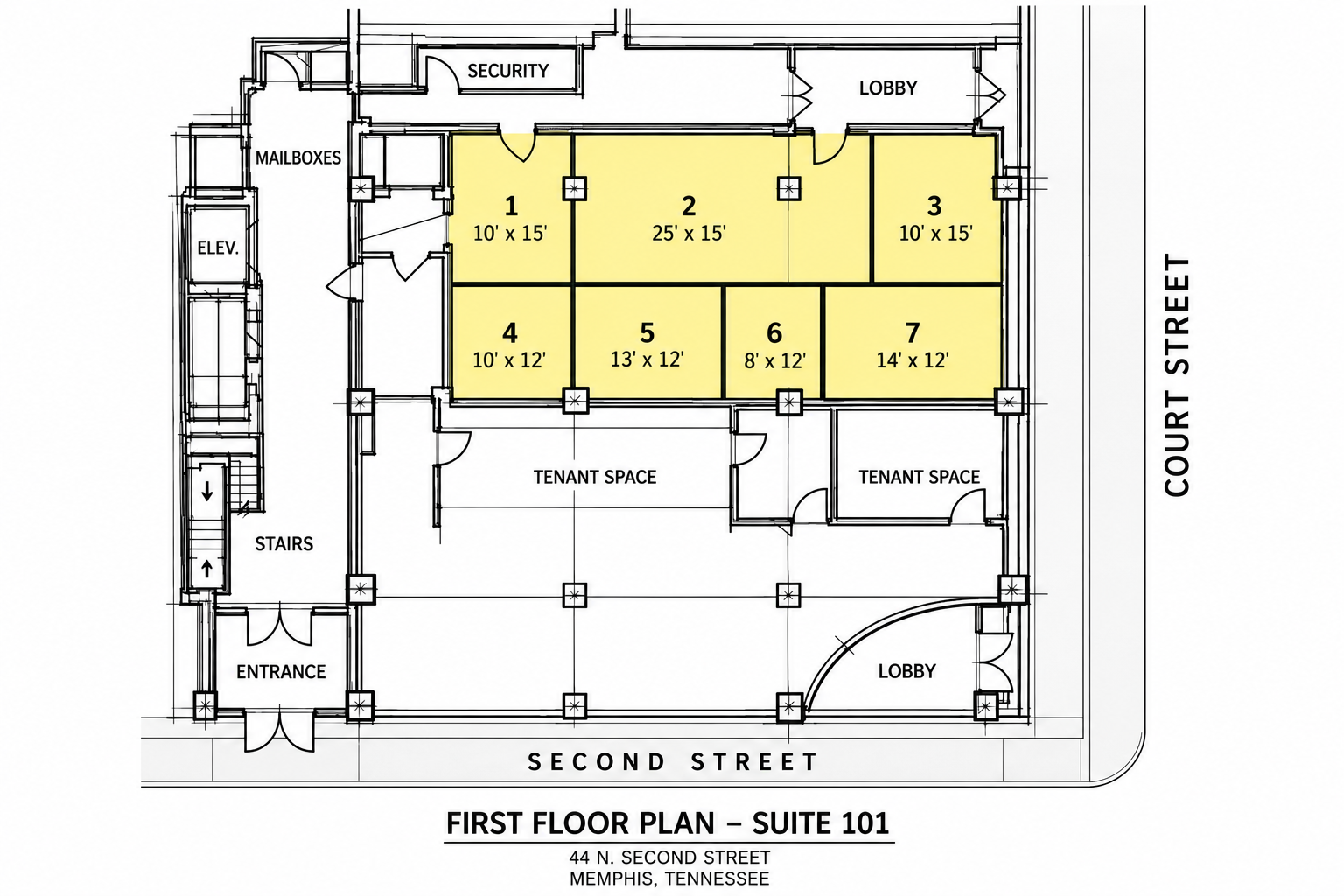 Approved first-floor plan with Suite 101 highlighted at Second Street and Court Street